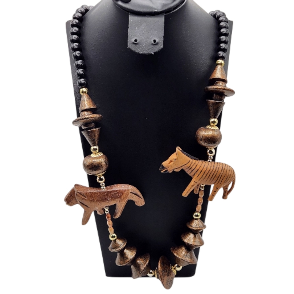 Wooden Animal Copper and Black Beaded Statement Necklace